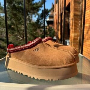 UGG Chestnut Suede Platform Mules with Red Trim
